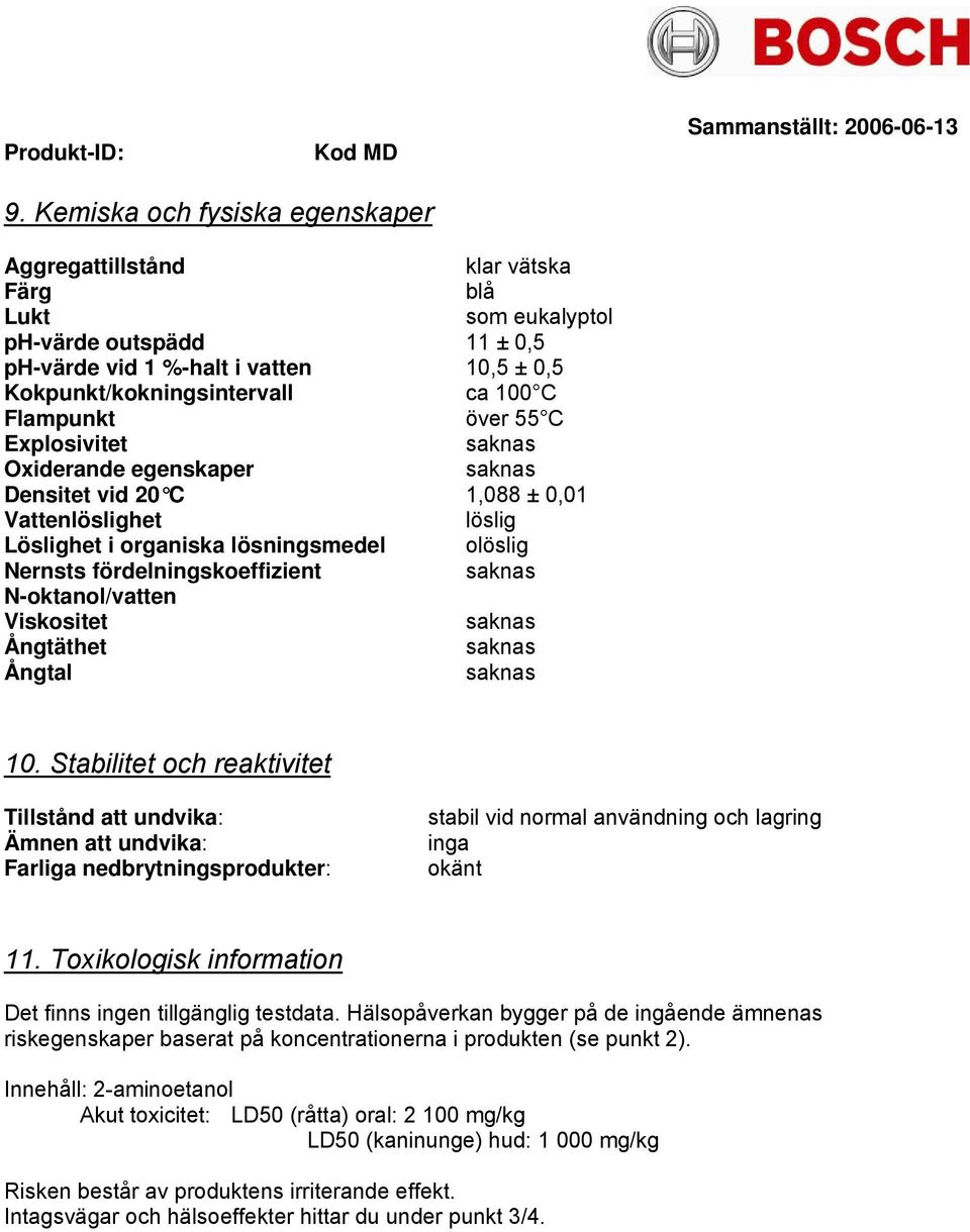 Flampunkt över 55 C Explosivitet Oxiderande egenskaper Densitet vid 20 C 1,088 ± 0,01 Vattenlöslighet löslig Löslighet i organiska lösningsmedel olöslig Nernsts fördelningskoeffizient