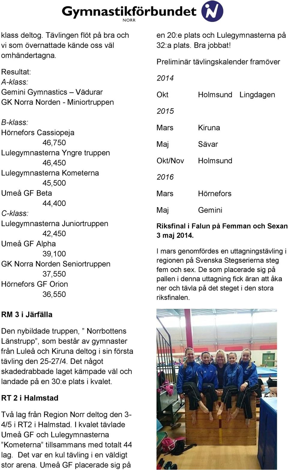 44,400 C-klass: Lulegymnasterna Juniortruppen 42,450 Umeå GF Alpha 39,100 GK Norra Norden Seniortruppen 37,550 Hörnefors GF Orion 36,550 en 20:e plats och Lulegymnasterna på 32:a plats. Bra jobbat!