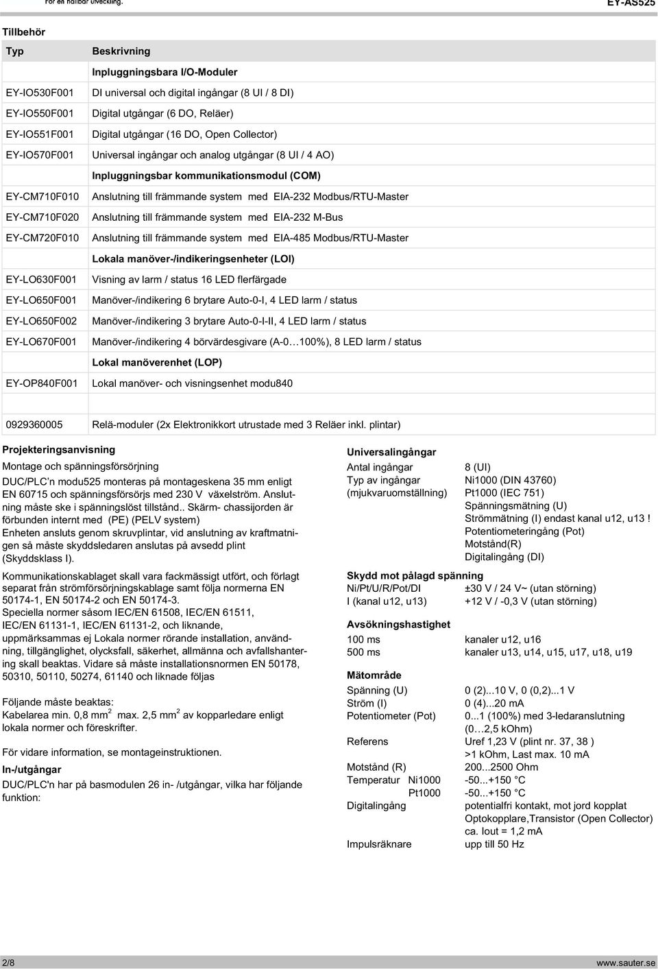 med EIA-232 Modbus/RTU-Master Anslutning till främmande system med EIA-232 M-Bus Anslutning till främmande system med EIA-485 Modbus/RTU-Master Lokala manöver-/indikeringsenheter (LOI) EY-LO630F001