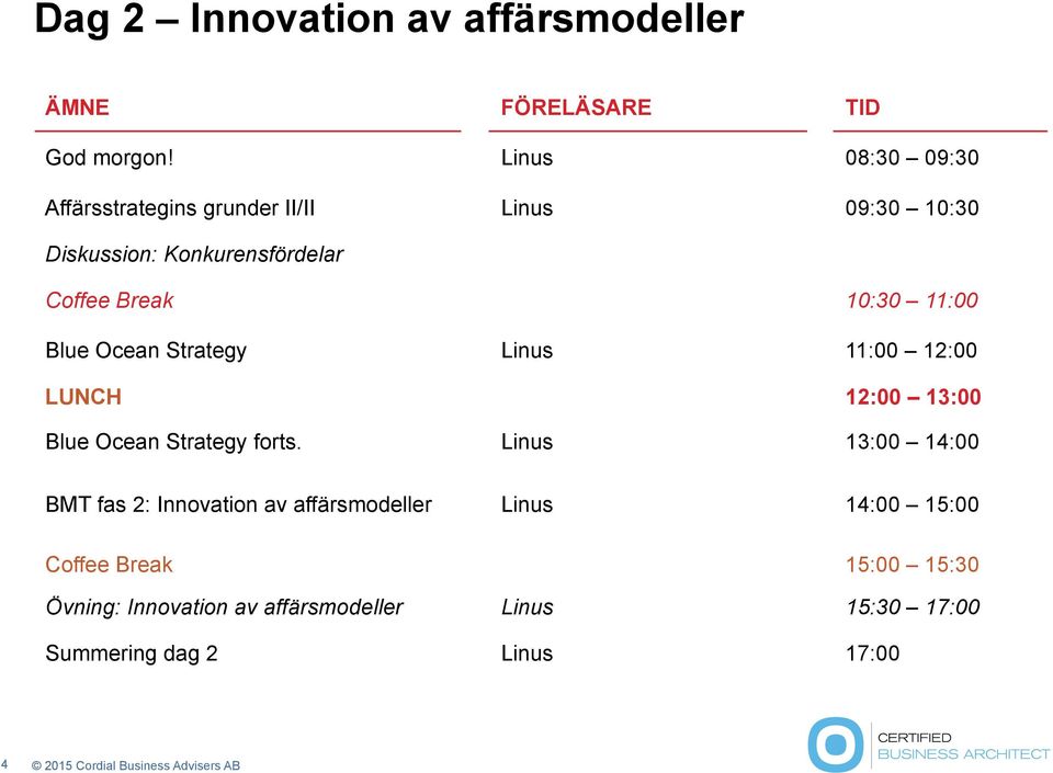 10:30 11:00 Blue Ocean Strategy Linus 11:00 12:00 LUNCH 12:00 13:00 Blue Ocean Strategy forts.