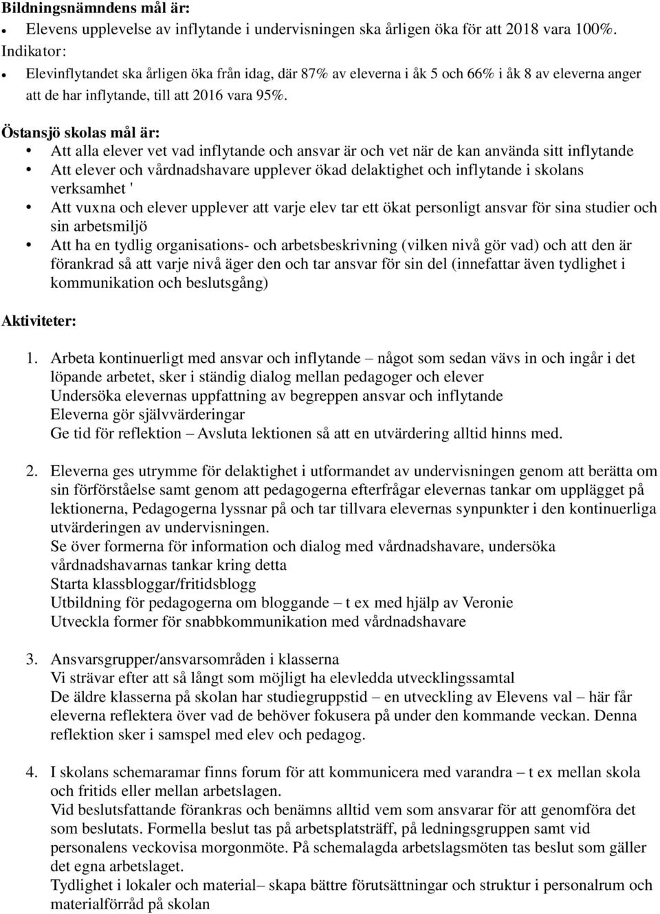 Östansjö skolas mål är: Att alla elever vet vad inflytande och ansvar är och vet när de kan använda sitt inflytande Att elever och vårdnadshavare upplever ökad delaktighet och inflytande i skolans