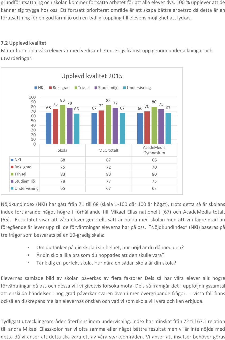 2 Upplevd kvalitet Mäter hur nöjda våra elever är med verksamheten. Följs främst upp genom undersökningar och utvärderingar.