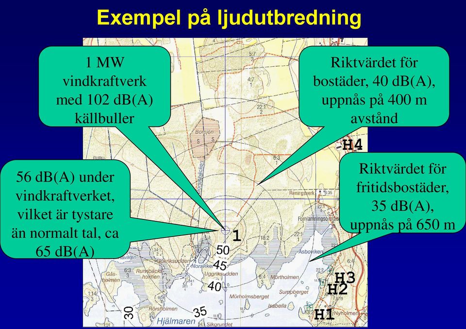 avstånd 56 db(a) under vindkraftverket, vilket är tystare än