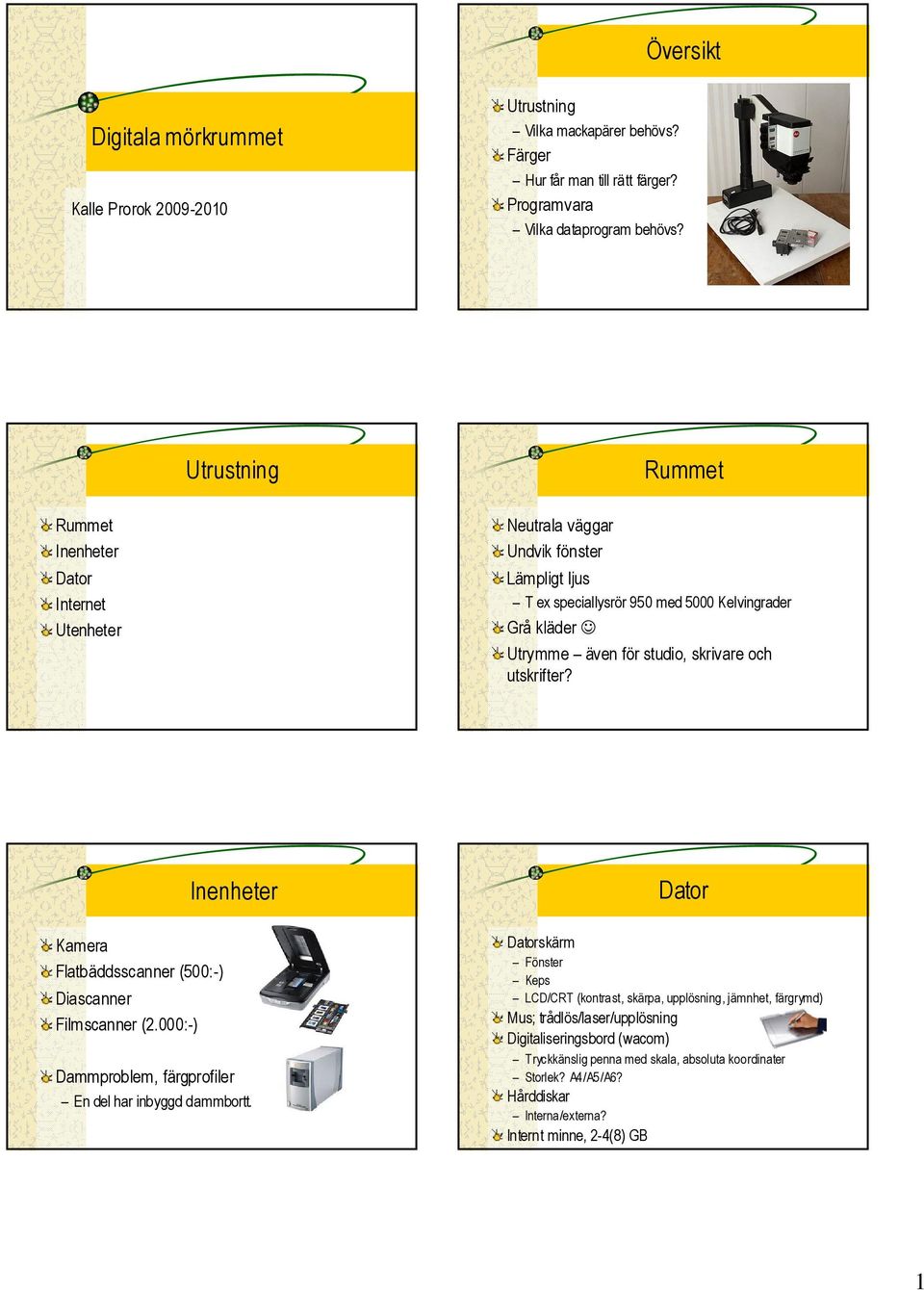 utskrifter? Inenheter Dator Kamera Flatbäddsscanner (500:-) Diascanner Filmscanner (2.000:-) Dammproblem, färgprofiler En del har inbyggd dammbortt.