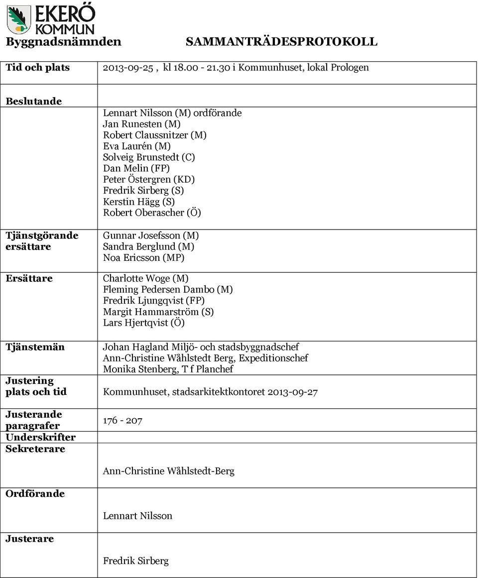 (FP) Peter Östergren (KD) Fredrik Sirberg (S) Kerstin Hägg (S) Robert Oberascher (Ö) Gunnar Josefsson (M) Sandra Berglund (M) Noa Ericsson (MP) Charlotte Woge (M) Fleming Pedersen Dambo (M) Fredrik