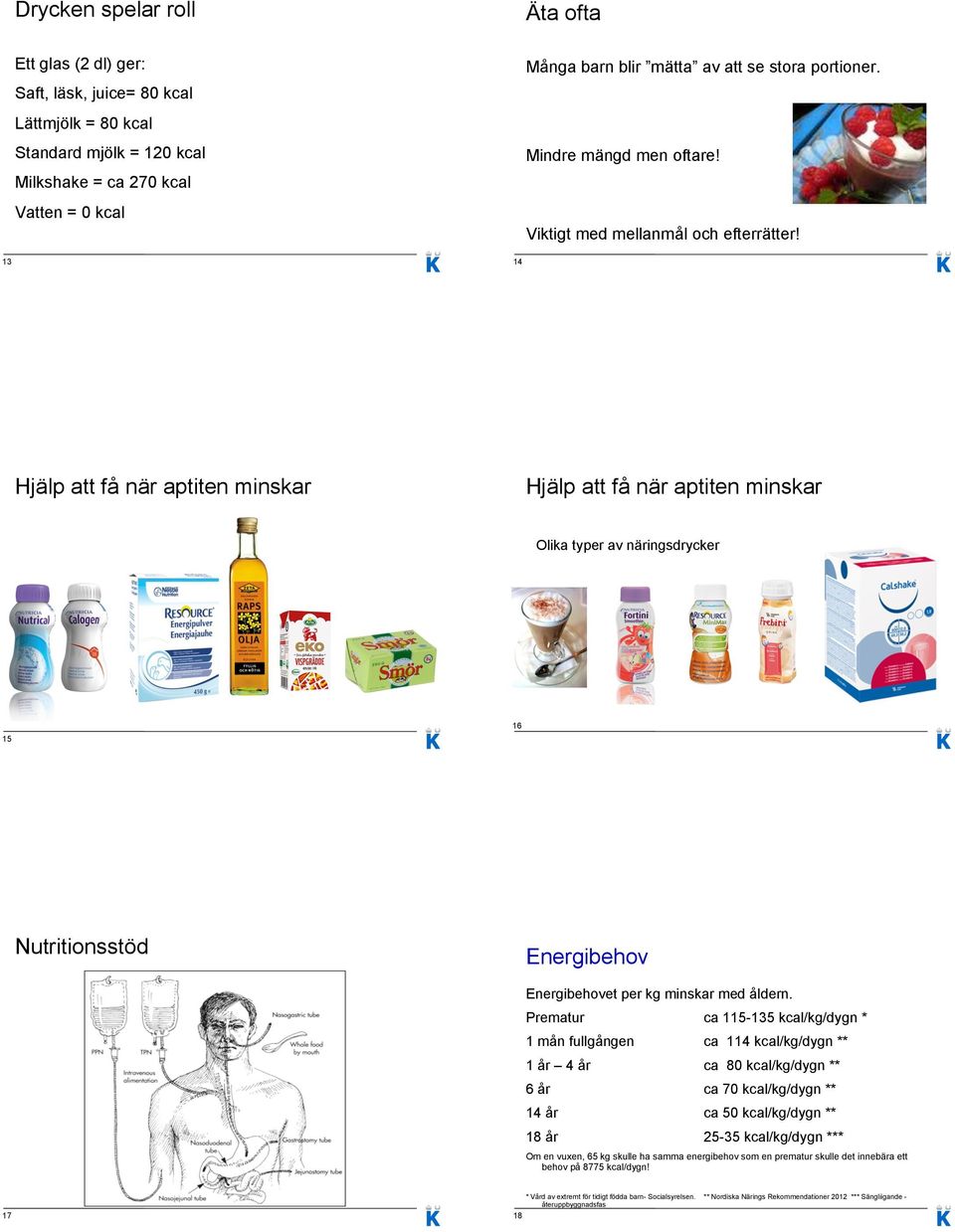 13 14 Hjälp att få när aptiten minskar Hjälp att få när aptiten minskar Olika typer av näringsdrycker 15 16 Nutritionsstöd Energibehov Energibehovet per kg minskar med åldern.