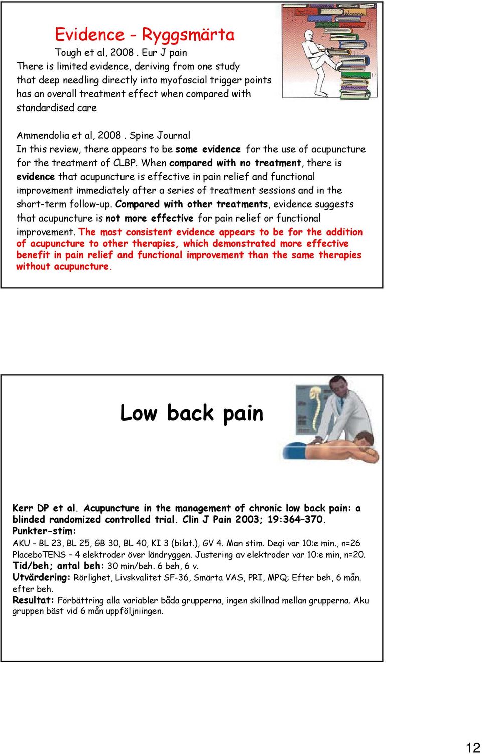 Ammendolia et al, 2008. Spine Journal In this review, there appears to be some evidence for the use of acupuncture for the treatment of CLBP.