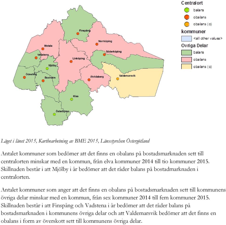 Antalet kommuner som anger att det finns en obalans på bostadsmarknaden sett till kommunens övriga delar minskar med en kommun, från se kommuner 2014 till fem kommuner 2015.