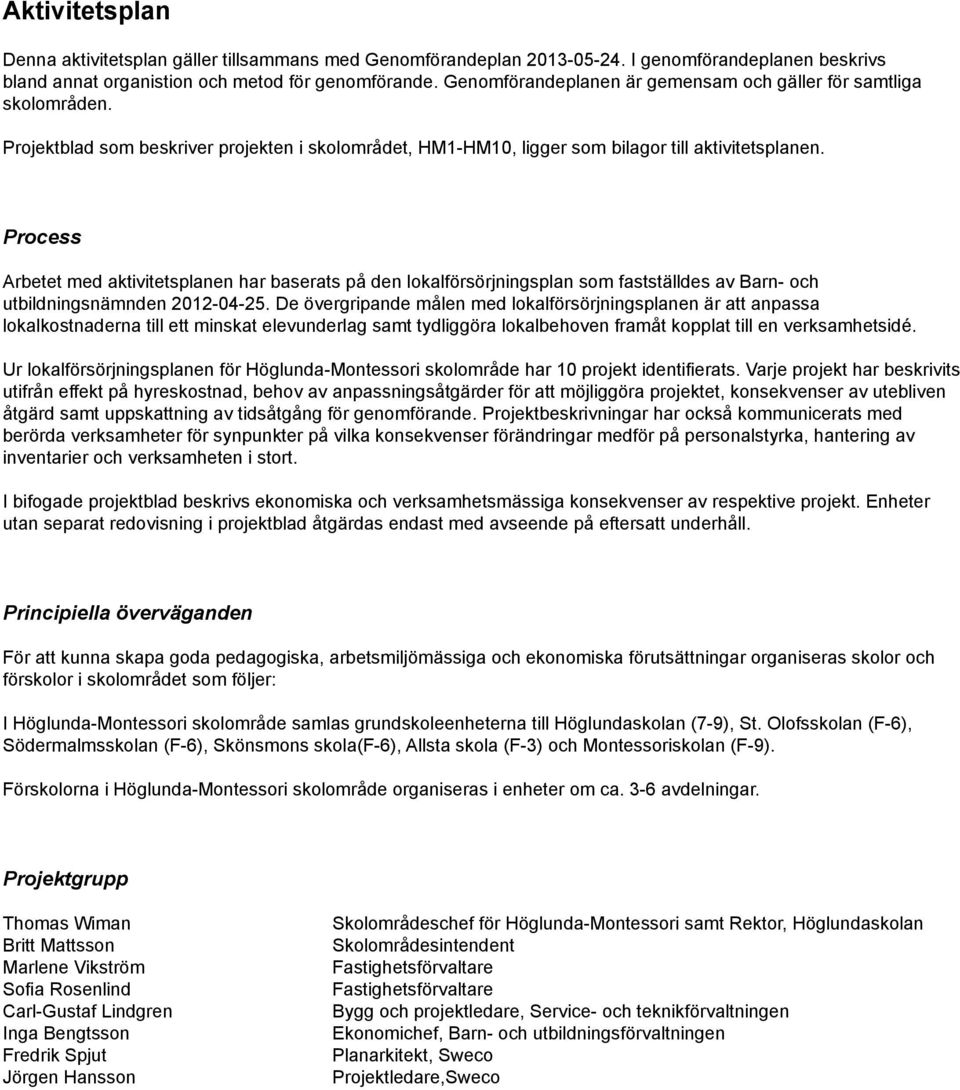 Process Arbetet med aktivitetsplanen har baserats på den lokalförsörjningsplan som fastställdes av Barn- och utbildningsnämnden 2012-04-25.