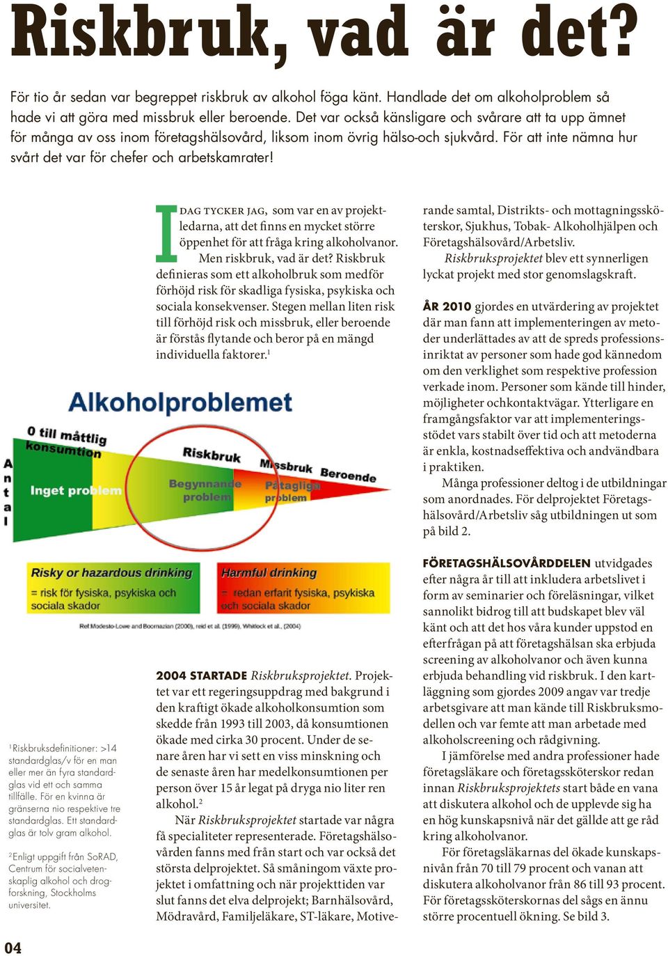 1 Riskbruksdefinitioner: >14 standardglas/v för en man eller mer än fyra standardglas vid ett och samma tillfälle. För en kvinna är gränserna nio respektive tre standardglas.