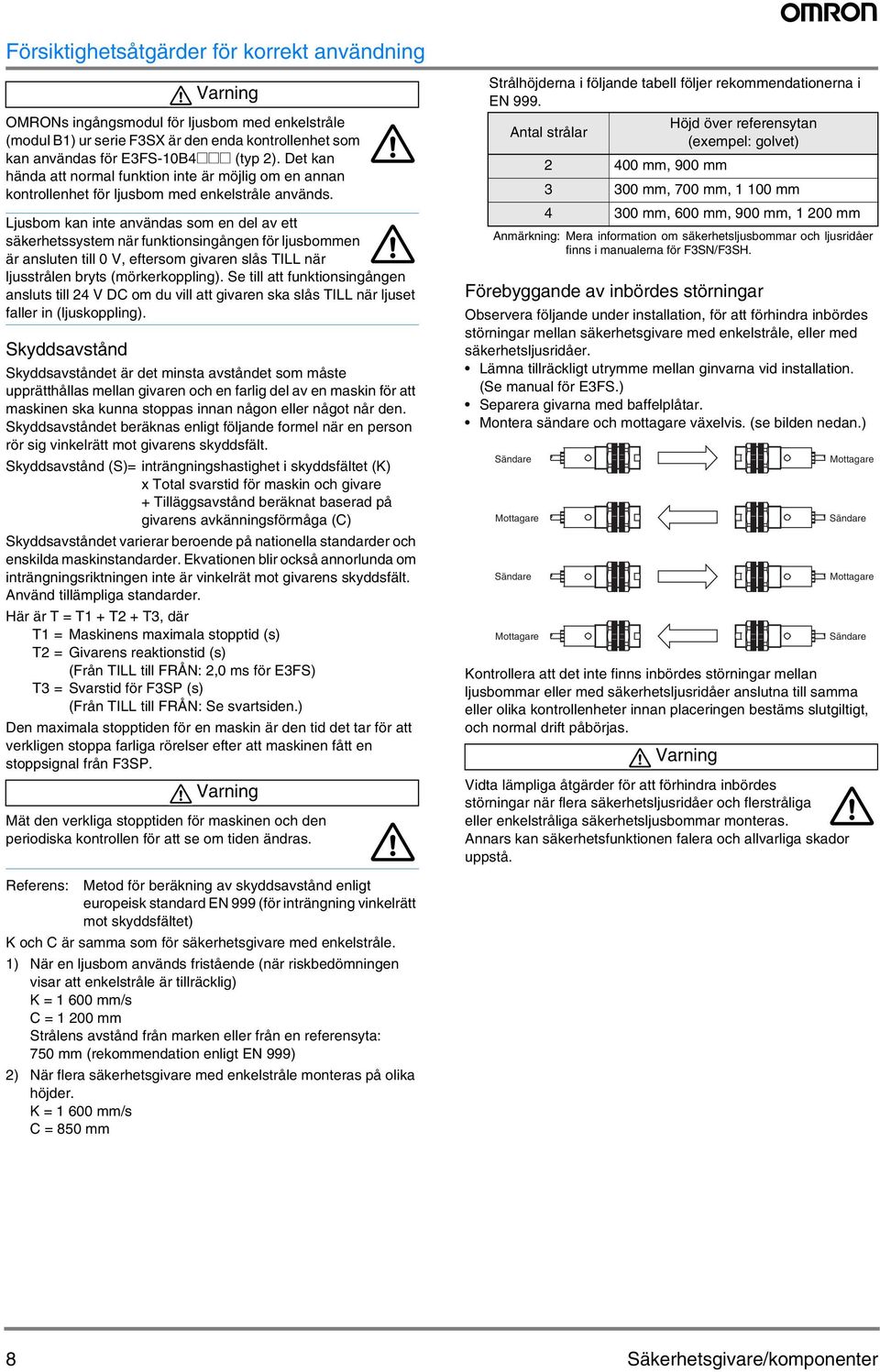 Ljusbom kan inte användas som en del av ett säkerhetssystem när funktionsingången för ljusbommen är ansluten till 0 V, eftersom givaren slås när ljusstrålen bryts (mörkerkoppling).