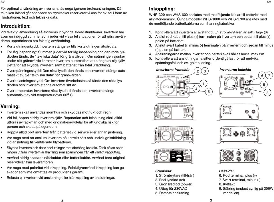 Invertern har även en inbyggd summer som ljuder vid vissa fel situationer för att göra användaren uppmärksam om felaktig användning.