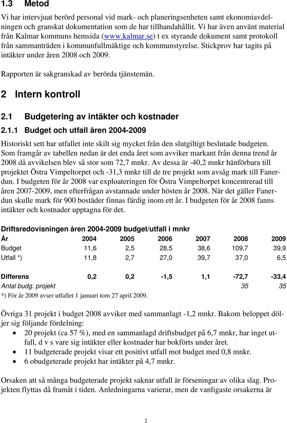 Stickprov har tagits på intäkter under åren 2008 och 2009. Rapporten är sakgranskad av berörda tjänstemän. 2 Intern kontroll 2.1 