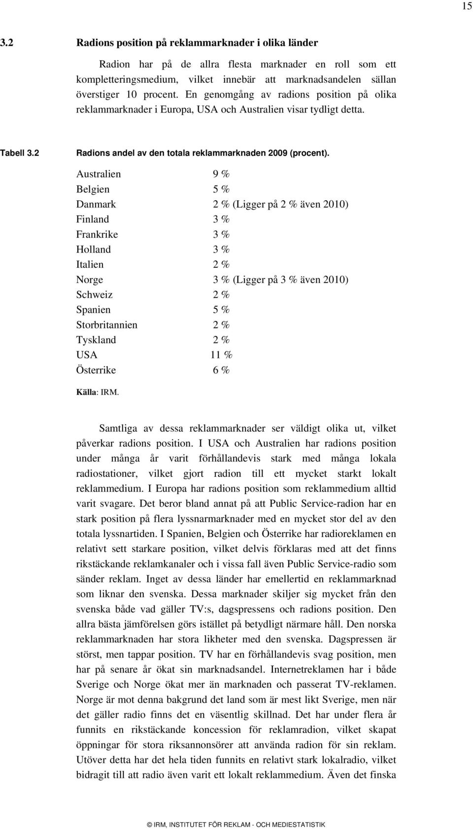 Australien 9 % Belgien 5 % Danmark 2 % (Ligger på 2 % även 2010) Finland 3 % Frankrike 3 % Holland 3 % Italien 2 % Norge 3 % (Ligger på 3 % även 2010) Schweiz 2 % Spanien 5 % Storbritannien 2 %