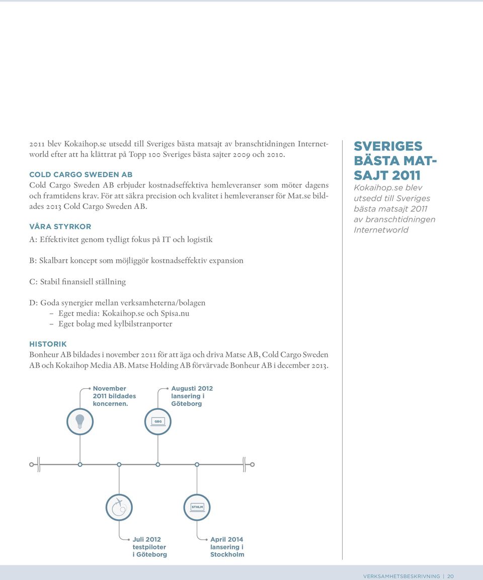 se bildades 2013 Cold Cargo Sweden AB. Våra styrkor A: Effektivitet genom tydligt fokus på IT och logistik Sveriges bästa matsajt 2011 Kokaihop.