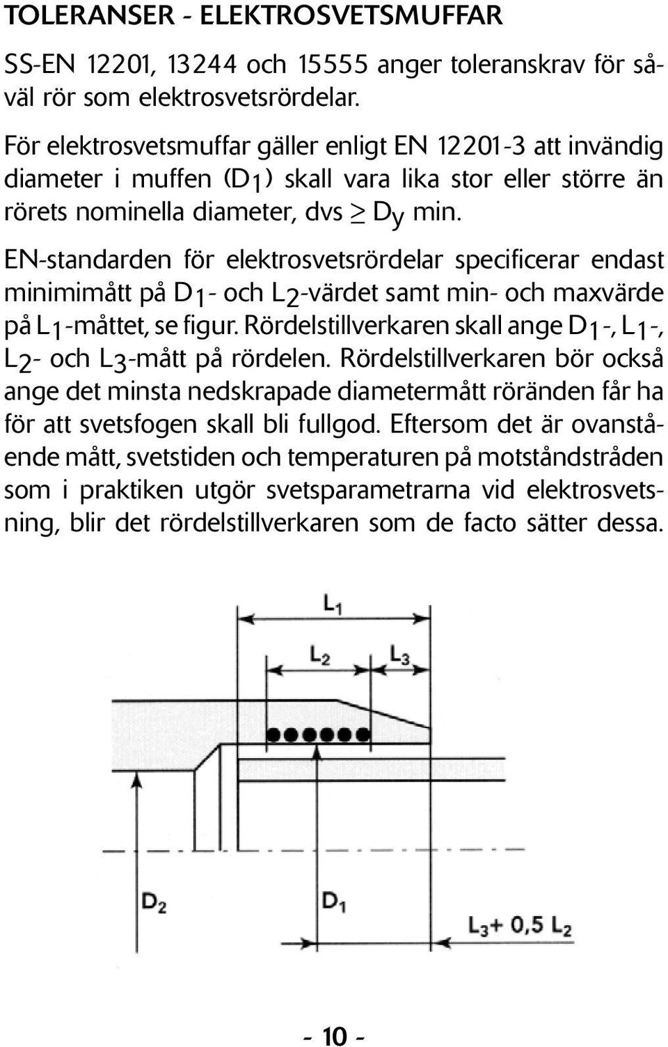 EN-standarden för elektrosvetsrördelar specificerar endast minimimått på D1- och L2-värdet samt min- och maxvärde på L1-måttet, se figur.