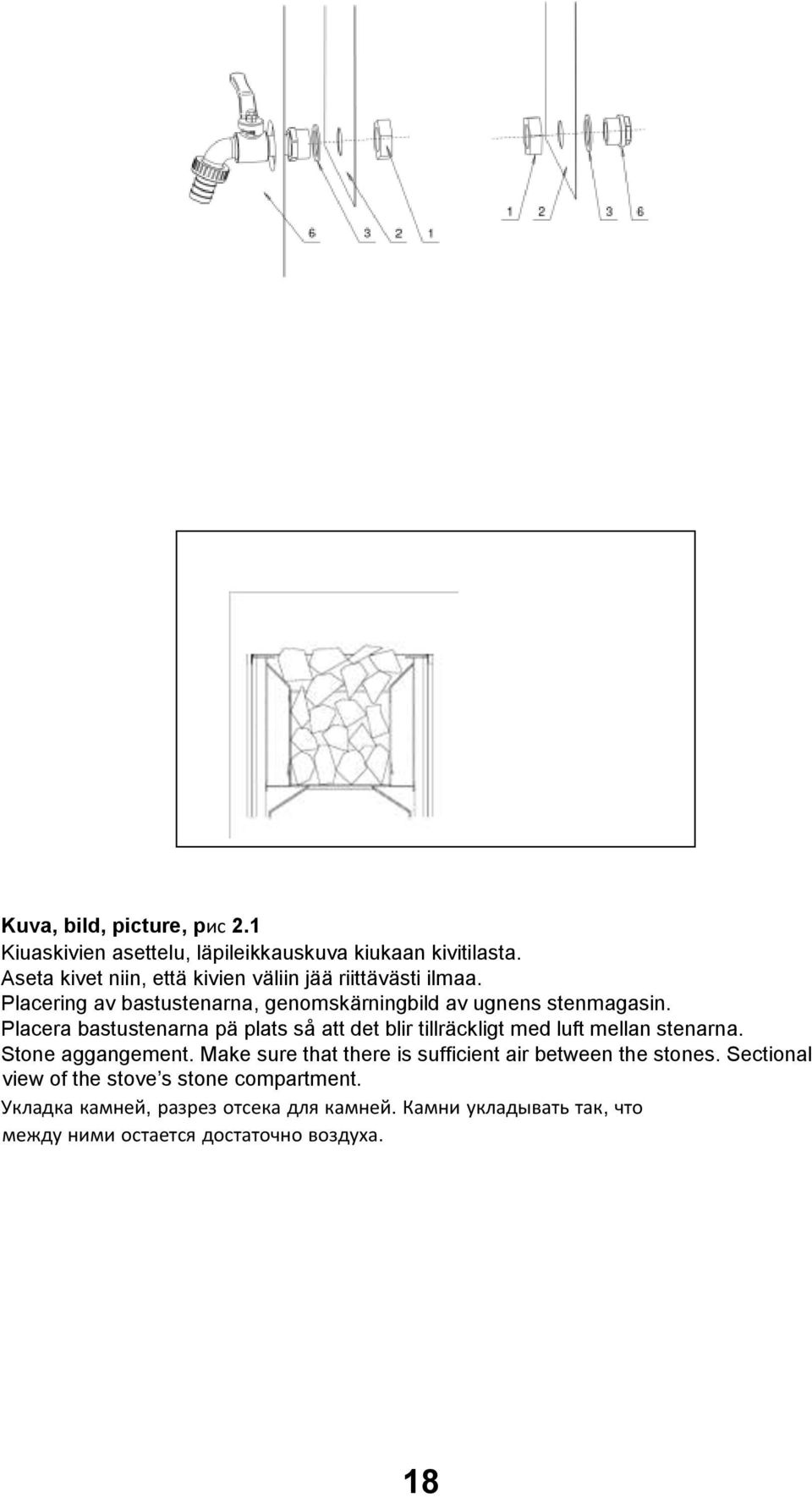 Placera bastustenarna pä plats så att det blir tillräckligt med luft mellan stenarna. Stone aggangement.