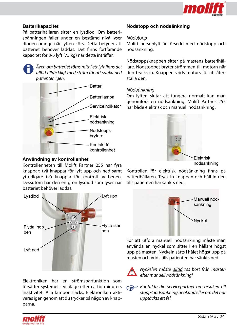Batteri Batterilampa Serviceindikator Nödstopp och nödsänkning Nödstopp Molift personlyft är försedd med nödstopp och nödsänkning. Nödstoppsknappen sitter på mastens batterihållare.