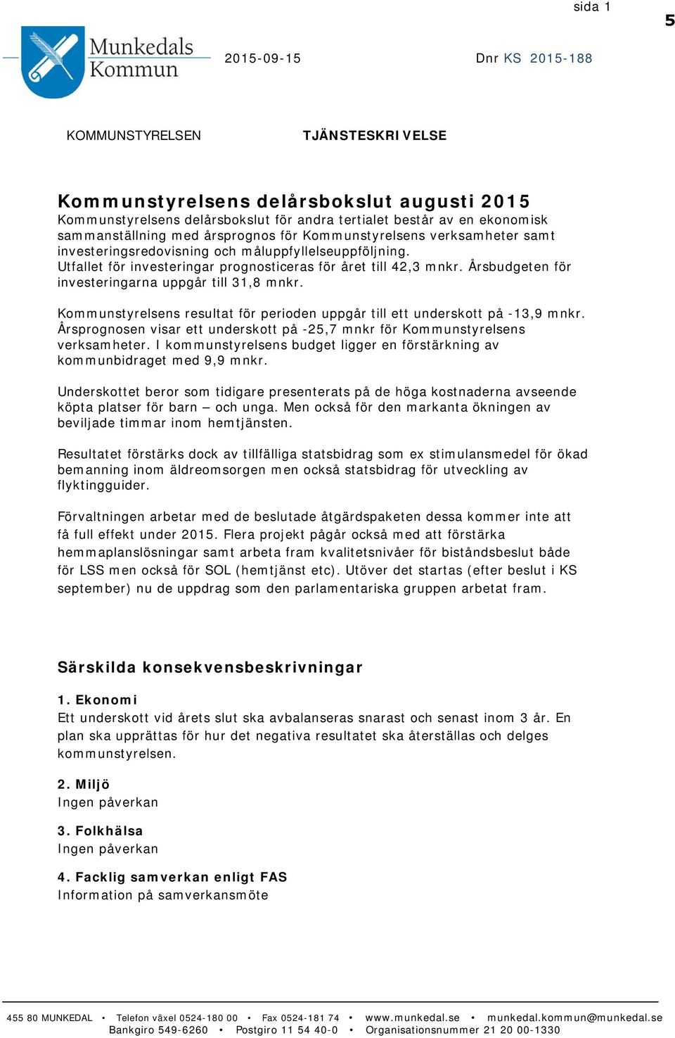 Årsbudgeten för investeringarna uppgår till 31,8 mnkr. Kommunstyrelsens resultat för perioden uppgår till ett underskott på -13,9 mnkr.