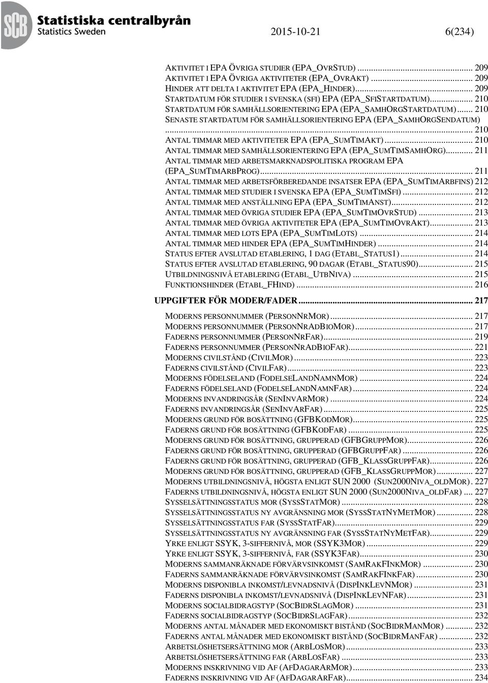 .. 210 SENASTE STARTDATUM FÖR SAMHÄLLSORIENTERING EPA (EPA_SAMHORGSENDATUM)... 210 ANTAL TIMMAR MED AKTIVITETER EPA (EPA_SUMTIMAKT)... 210 ANTAL TIMMAR MED SAMHÄLLSORIENTERING EPA (EPA_SUMTIMSAMHORG).