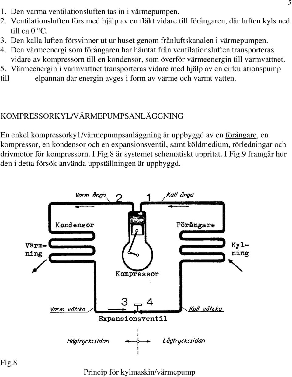 Den värmeenergi som förångaren har hämtat från ventilationsluften transporteras vidare av kompressorn till en kondensor, som överför värmeenergin till varmvattnet. 5.