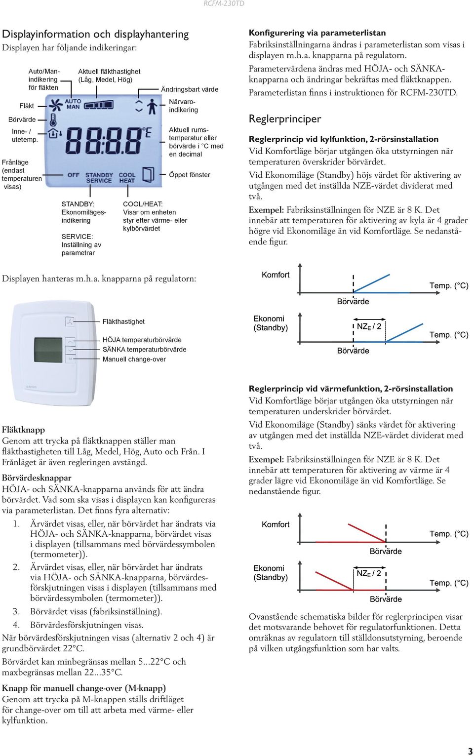 ärvaroindikering COOL/HEAT: Visar om enheten styr efter värme- eller kylbörvärdet Aktuell rumstemperatur eller börvärde i C med en decimal Öppet fönster Konfigurering via parameterlistan