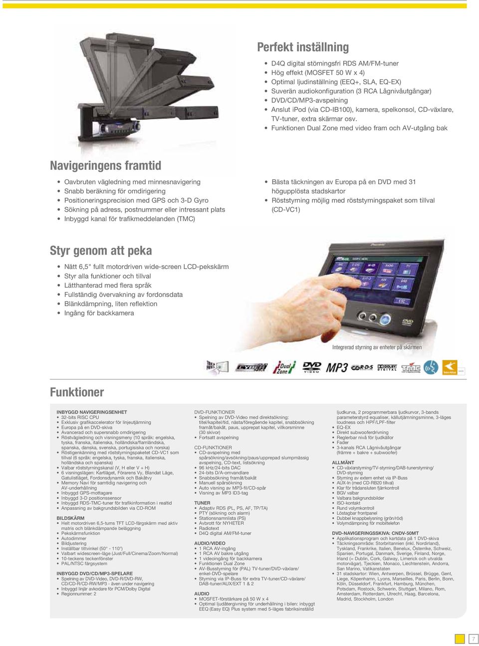 Funktionen Dual Zone med video fram och AV-utgång bak Navigeringens framtid Oavbruten vägledning med minnesnavigering Snabb beräkning för omdirigering Positioneringsprecision med GPS och 3-D Gyro