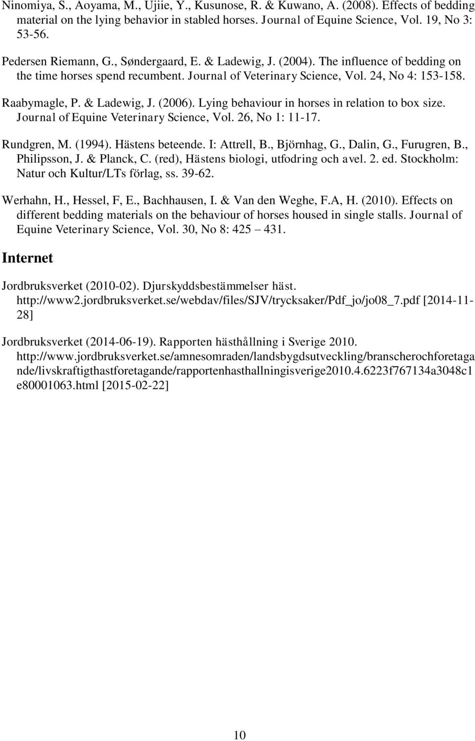 & Ladewig, J. (2006). Lying behaviour in horses in relation to box size. Journal of Equine Veterinary Science, Vol. 26, No 1: 11-17. Rundgren, M. (1994). Hästens beteende. I: Attrell, B., Björnhag, G.