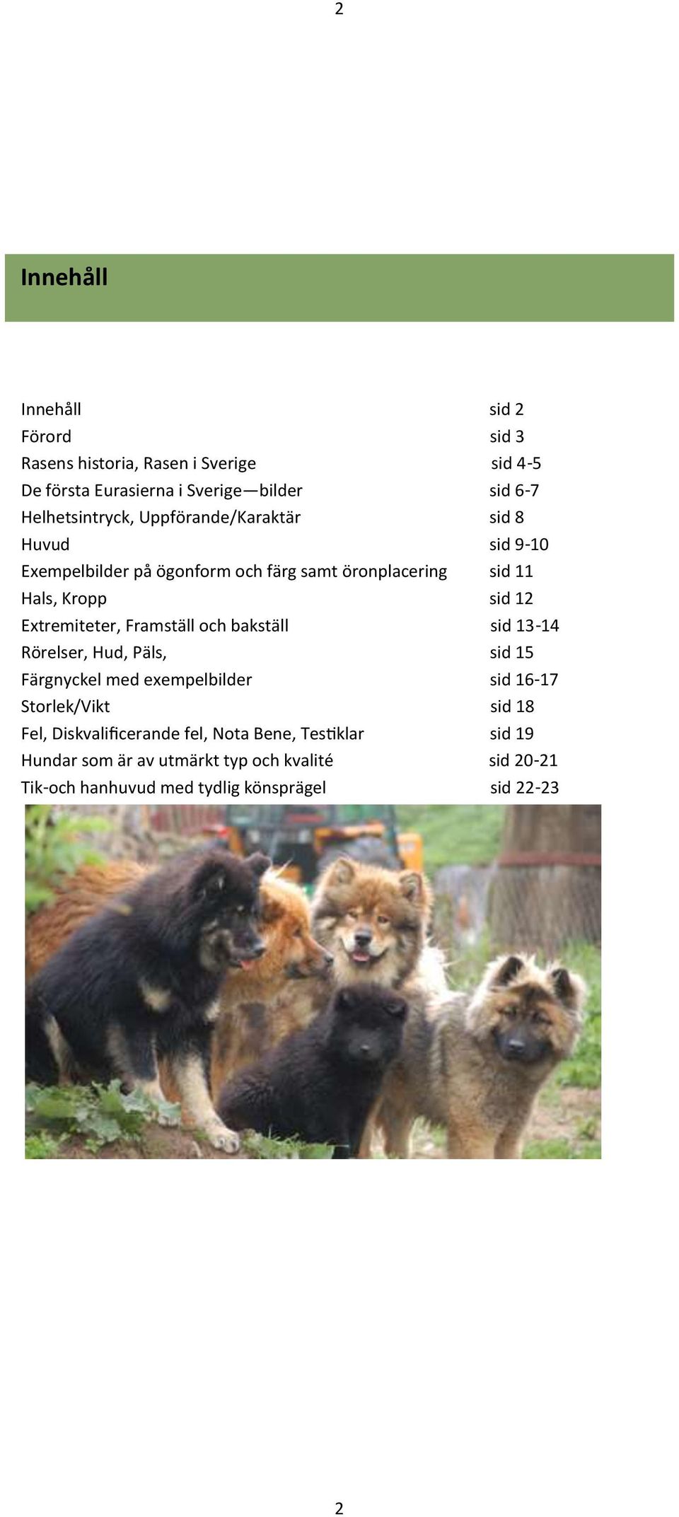 Extremiteter, Framställ och bakställ sid 13-14 Rörelser, Hud, Päls, sid 15 Färgnyckel med exempelbilder sid 16-17 Storlek/Vikt sid 18 Fel,