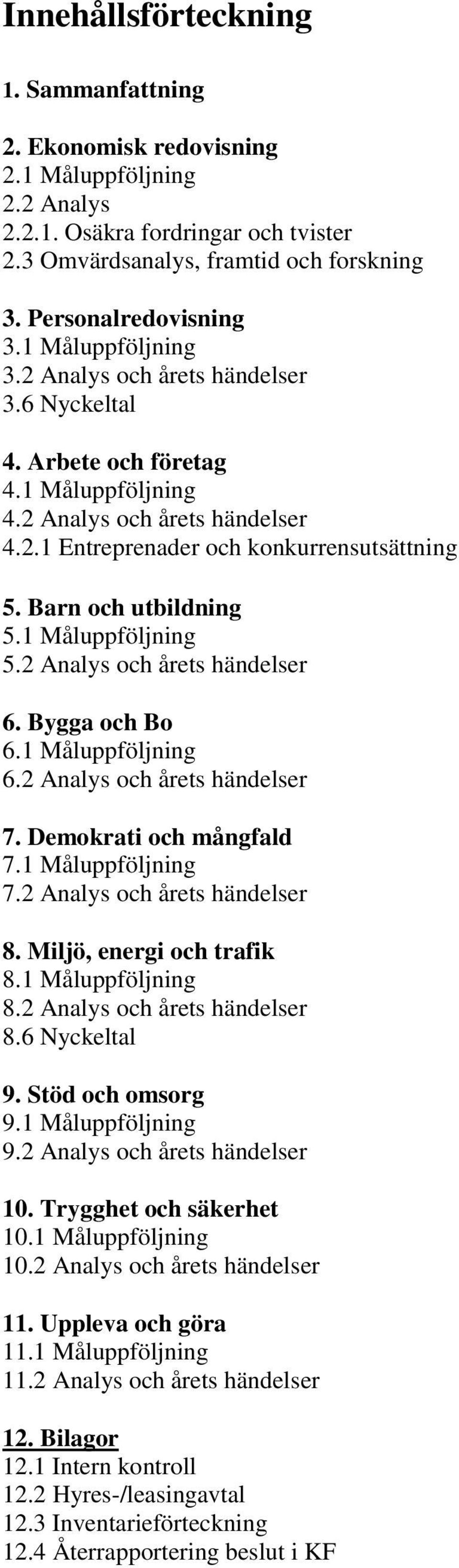 Barn och utbildning 5.1 Måluppföljning 5.2 Analys och årets händelser 6. Bygga och Bo 6.1 Måluppföljning 6.2 Analys och årets händelser 7. Demokrati och mångfald 7.1 Måluppföljning 7.