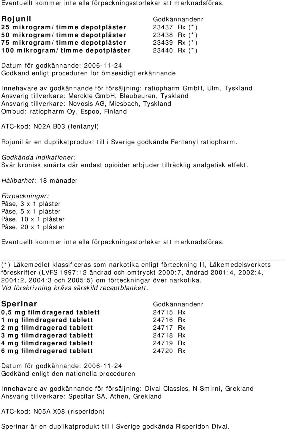 enligt proceduren för ömsesidigt erkännande Innehavare av godkännande för försäljning: ratiopharm GmbH, Ulm, Tyskland Ansvarig tillverkare: Merckle GmbH, Blaubeuren, Tyskland Ansvarig tillverkare: