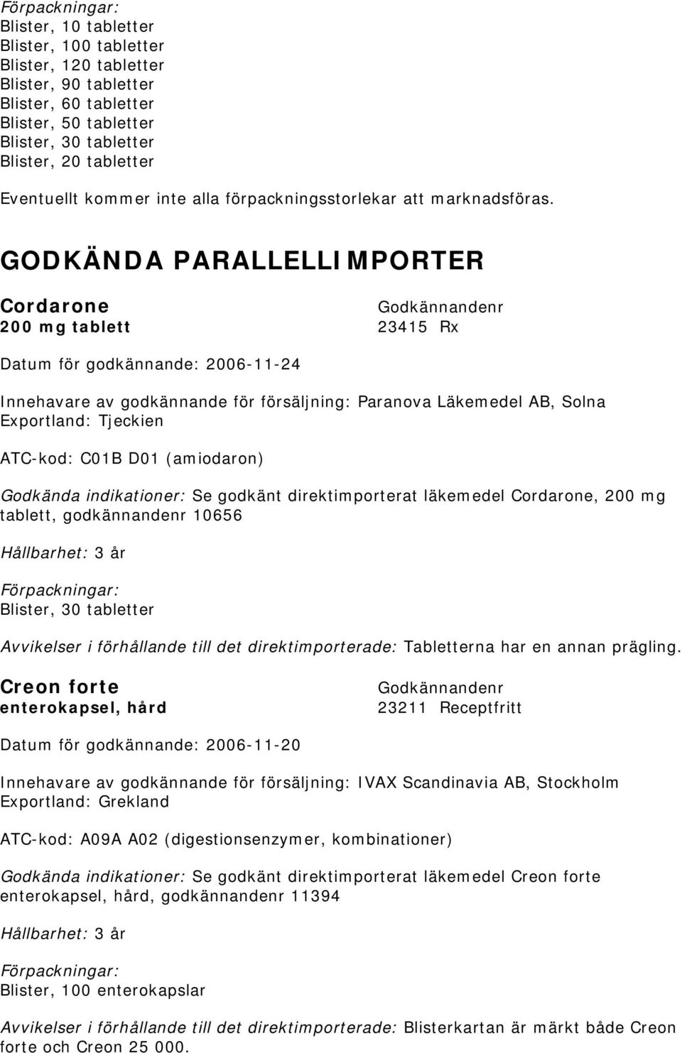 GODKÄNDA PARALLELLIMPORTER Cordarone 200 mg tablett 23415 Rx Innehavare av godkännande för försäljning: Paranova Läkemedel AB, Solna Exportland: Tjeckien ATC-kod: C01B D01 (amiodaron) Godkända