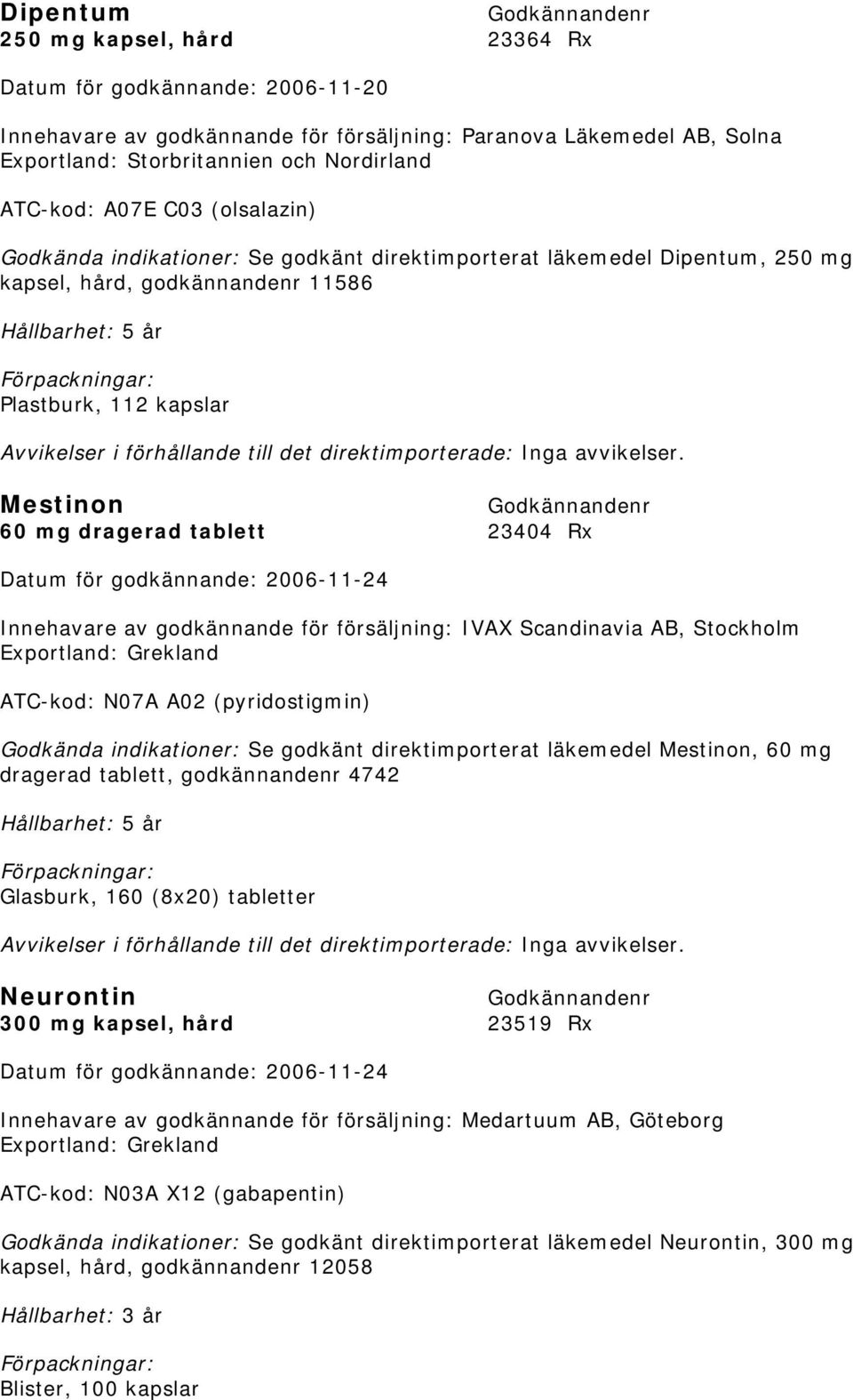 23404 Rx Innehavare av godkännande för försäljning: IVAX Scandinavia AB, Stockholm Exportland: Grekland ATC-kod: N07A A02 (pyridostigmin) Godkända indikationer: Se godkänt direktimporterat läkemedel