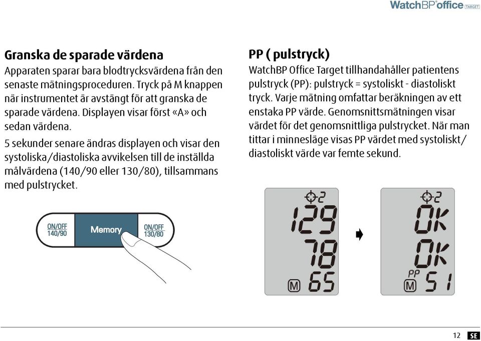 till de inställda /min 3 målvärdena (140/90 eller 130/80), tillsammans med pulstrycket.