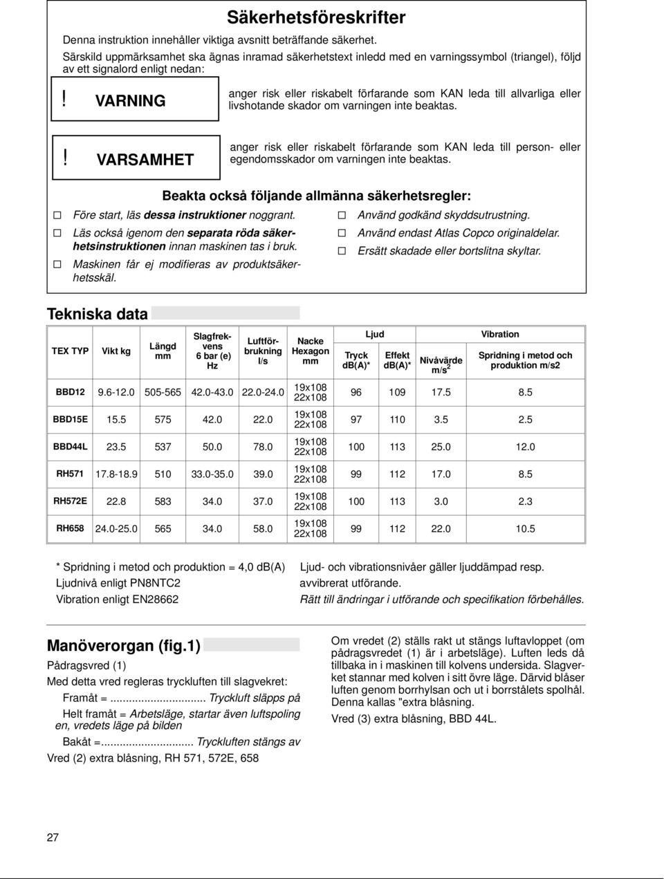 eller livshotande skador om varningen inte beaktas.! VARSAMHET anger risk eller riskabelt förfarande som KAN leda till person- eller egendomsskador om varningen inte beaktas.