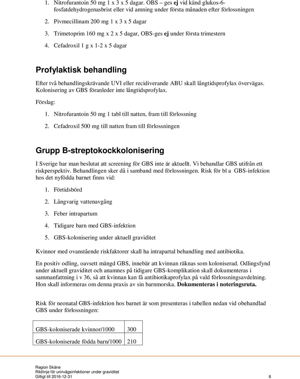 Cefadroxil 1 g x 1-2 x 5 dagar Profylaktisk behandling Efter två behandlingskrävande UVI eller recidiverande ABU skall långtidsprofylax övervägas. Kolonisering av GBS föranleder inte långtidsprofylax.