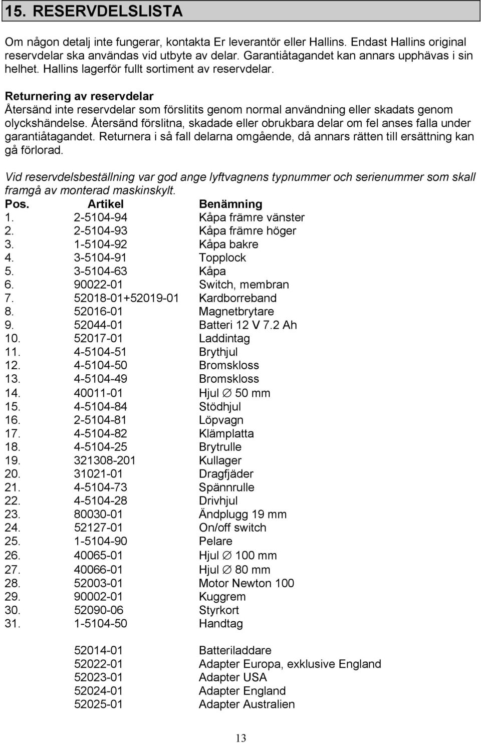 Returnering av reservdelar Återsänd inte reservdelar som förslitits genom normal användning eller skadats genom olyckshändelse.