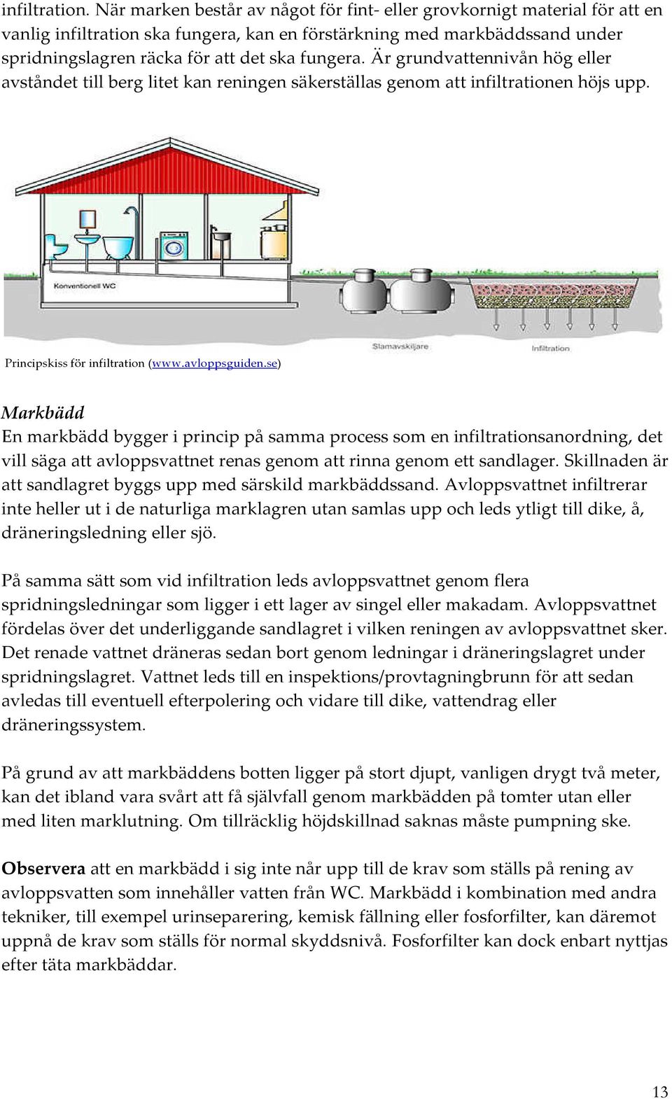 Är grundvattennivån hög eller avståndet till berg litet kan reningen säkerställas genom att infiltrationen höjs upp. Principskiss för infiltration (www.avloppsguiden.