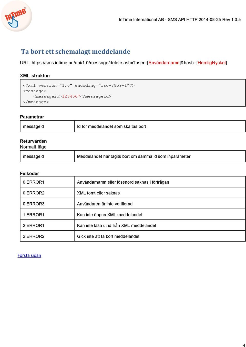 Id för meddelandet som ska tas bort messageid Meddelandet har tagits bort om samma id som inparameter