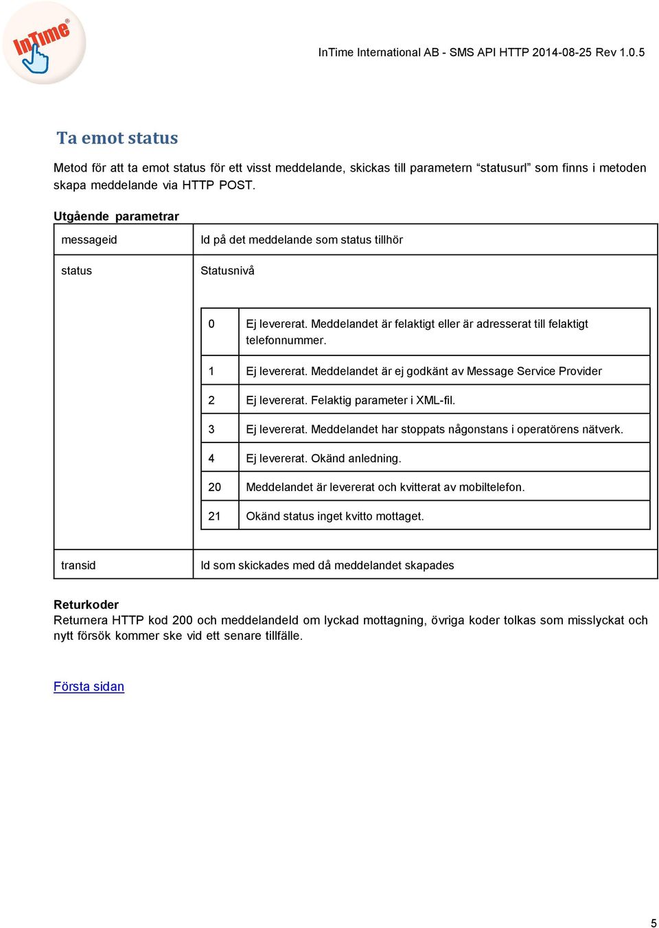 Meddelandet är ej godkänt av Message Service Provider 2 Ej levererat. Felaktig parameter i XML fil. 3 Ej levererat. Meddelandet har stoppats någonstans i operatörens nätverk. 4 Ej levererat.