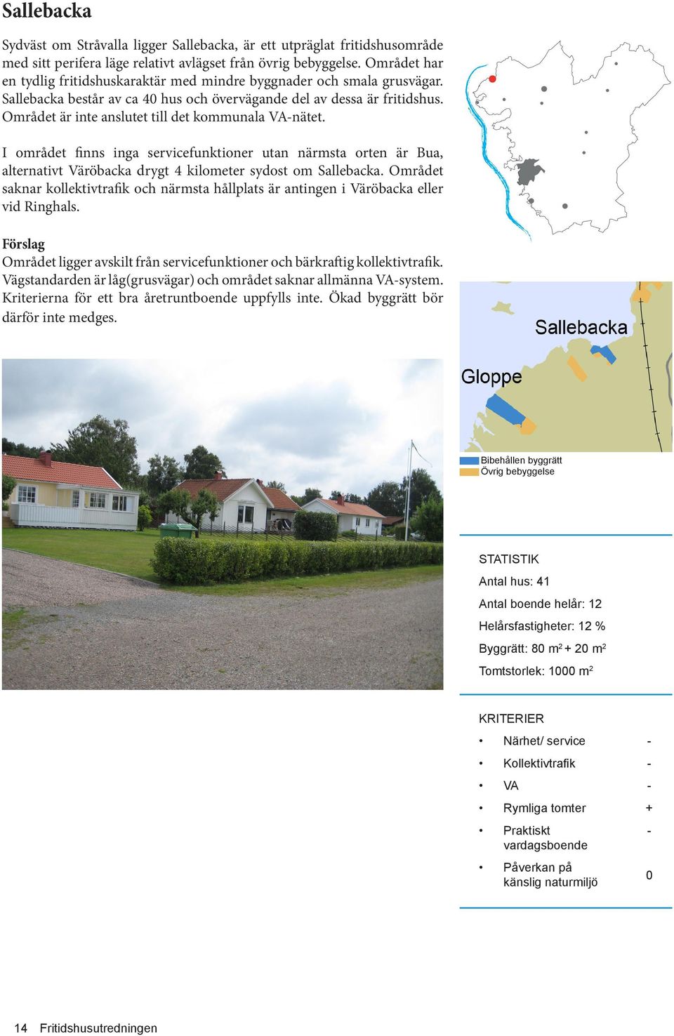Området är inte anslutet till det kommunala VAnätet. I området finns inga servicefunktioner utan närmsta orten är Bua, alternativt Väröbacka drygt 4 kilometer sydost om Sallebacka.