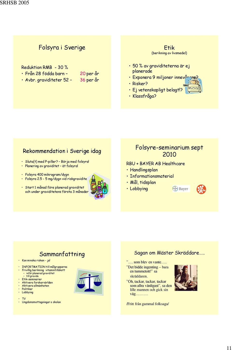 5-5 mg/dygn vid riskgraviditet Start 1 månad före planerad graviditet och under graviditetens första 3 månader Folsyre-seminarium sept 2010 RBU + BAYER AB Healthcare Handlingsplan