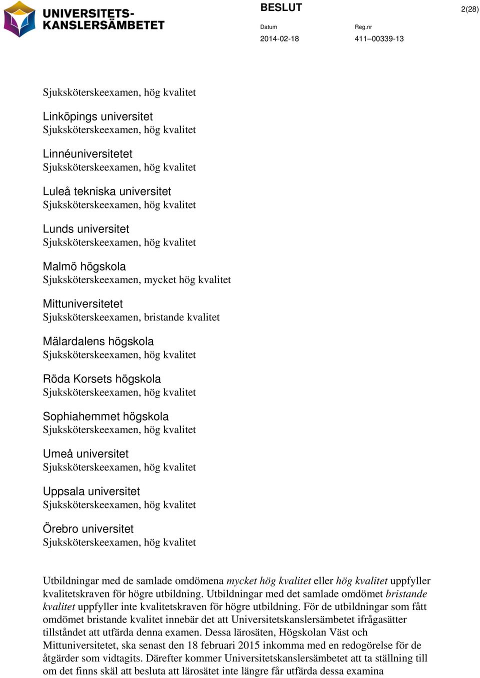 bristande kvalitet Mälardalens högskola Sjuksköterskeexamen, hög kvalitet Röda Korsets högskola Sjuksköterskeexamen, hög kvalitet Sophiahemmet högskola Sjuksköterskeexamen, hög kvalitet Umeå