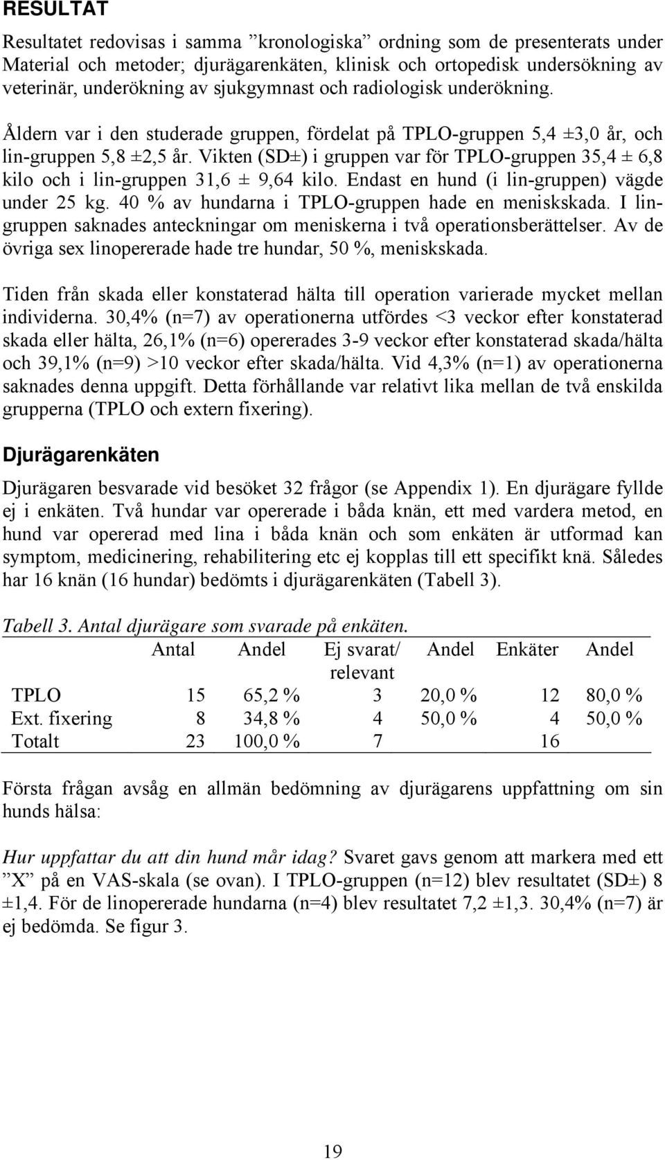 Vikten (SD±) i gruppen var för TPLO-gruppen 35,4 ± 6,8 kilo och i lin-gruppen 31,6 ± 9,64 kilo. Endast en hund (i lin-gruppen) vägde under 25 kg. 40 % av hundarna i TPLO-gruppen hade en meniskskada.