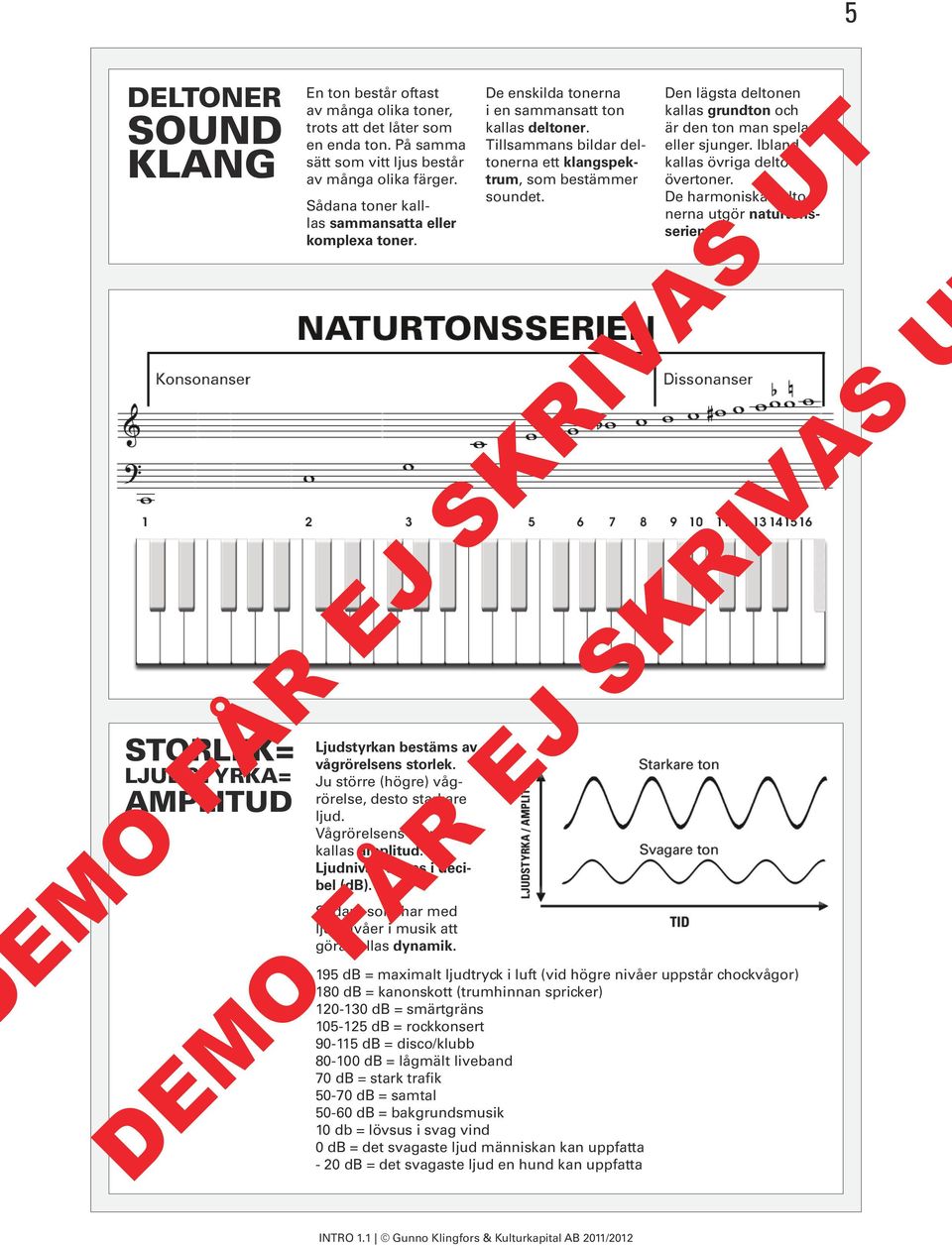 Ljudnivån anges i decibel (db). Sådant som har med ljudnivåer i musik att göra kallas dynamik. De enskilda tonerna i en sammansatt ton kallas deltoner.