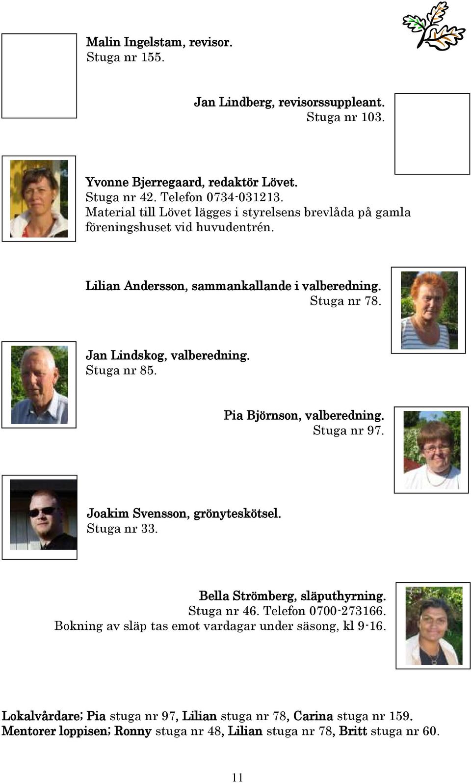 Jan Lindskog, valberedning. Stuga nr 85. Pia Björnson, valberedning. Stuga nr 97. Joakim Svensson, grönyteskötsel. Stuga nr 33. Bella Strömberg, släputhyrning. Stuga nr 46.