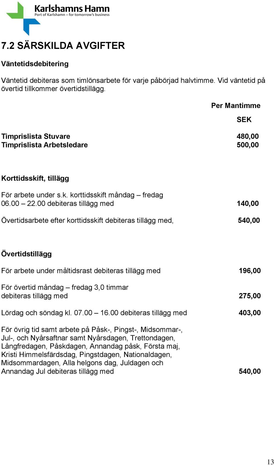 00 debiteras tillägg med 140,00 Övertidsarbete efter korttidsskift debiteras tillägg med, 540,00 Övertidstillägg För arbete under måltidsrast debiteras tillägg med 196,00 För övertid måndag fredag