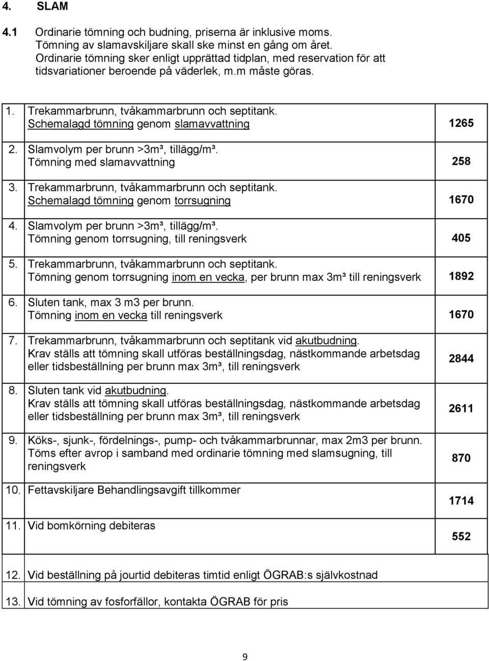 Schemalagd tömning genom slamavvattning 1265 2. Slamvolym per brunn >3m³, tillägg/m³. Tömning med slamavvattning 258 3. Trekammarbrunn, tvåkammarbrunn och septitank.