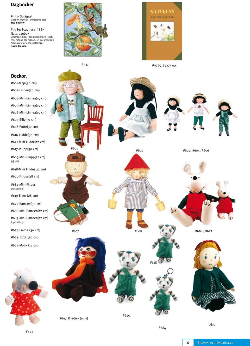 #601-Maja(30 cm) #602-Linnea(30 cm) #604-Mini-Linnea(15 cm) #605-Mini-Linnea(15 cm) #606-Mini-Linnea(15 cm) #607-Billy(30 cm) #608-Putte(30 cm) #616-Ludde(30 cm) #621-Mini-Ludde(12 cm) #617-Plupp(30