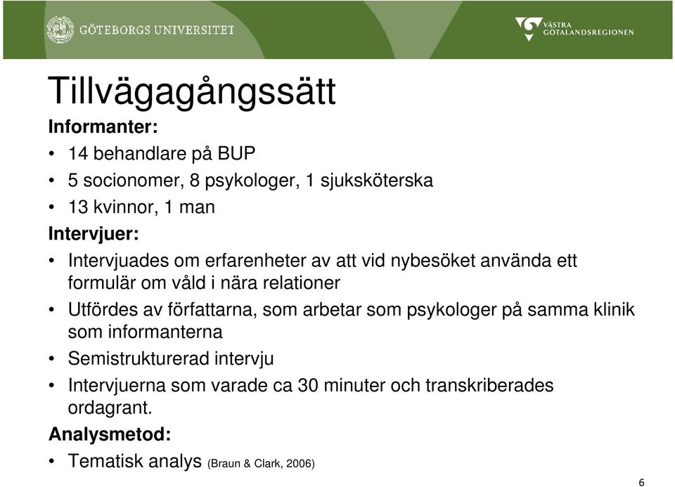 Utfördes av författarna, som arbetar som psykologer på samma klinik som informanterna Semistrukturerad intervju